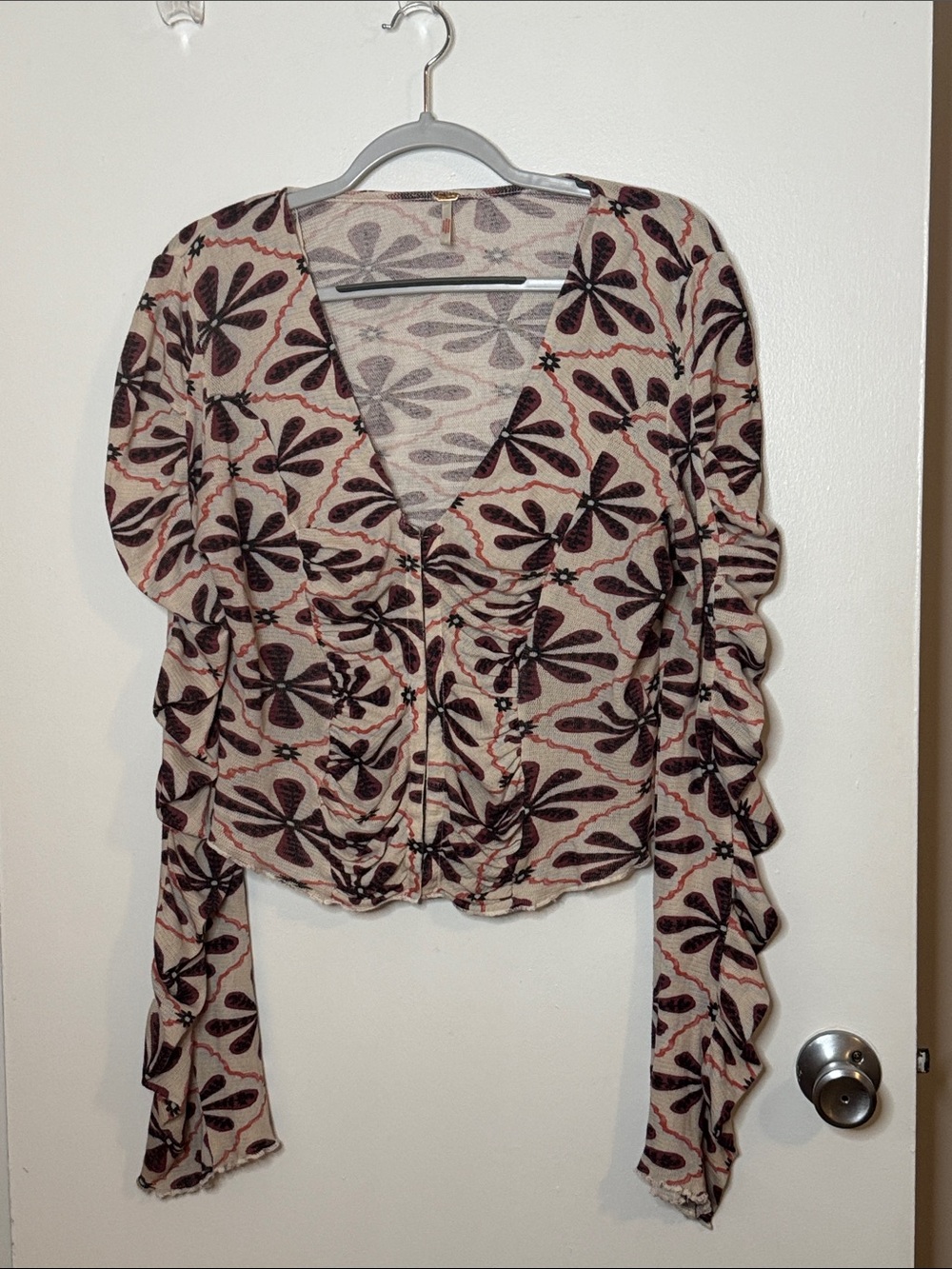 Free People Beige Floral Ruffle-Sleeve V-Neck Blouse